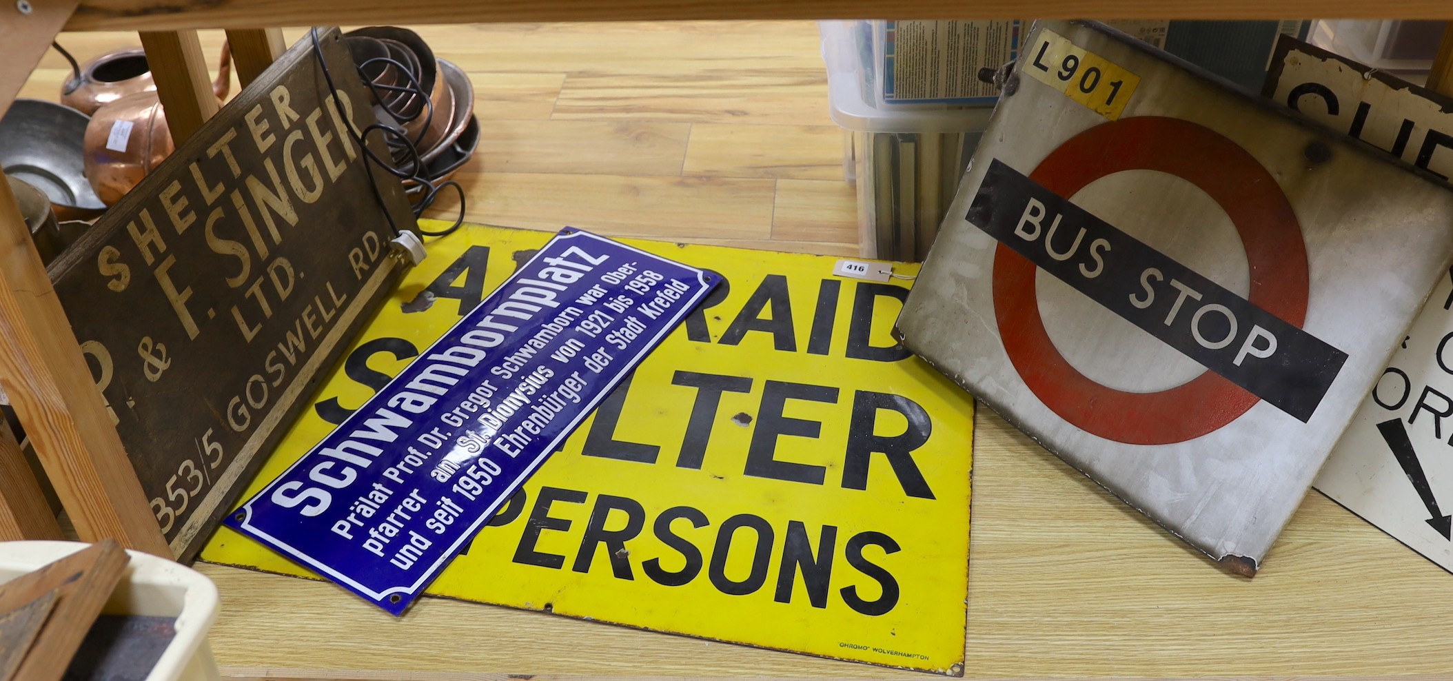 An Air Raid Shelter enamel sign, 61 x 77cm, and four other signs